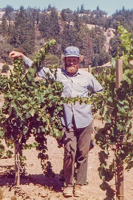 Mark in 1977 tending the riesling vines he planted at Valley Foothill Vineyard, our nextdoor neighbor.