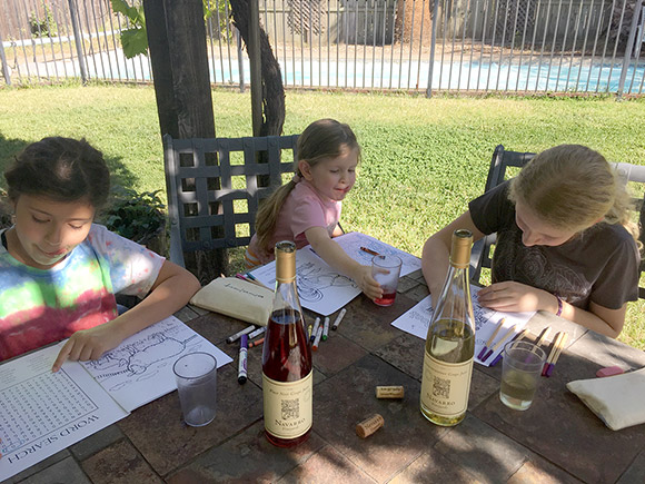 Aaron's kids coloring an activity book while enjoying Navarro grape juices.